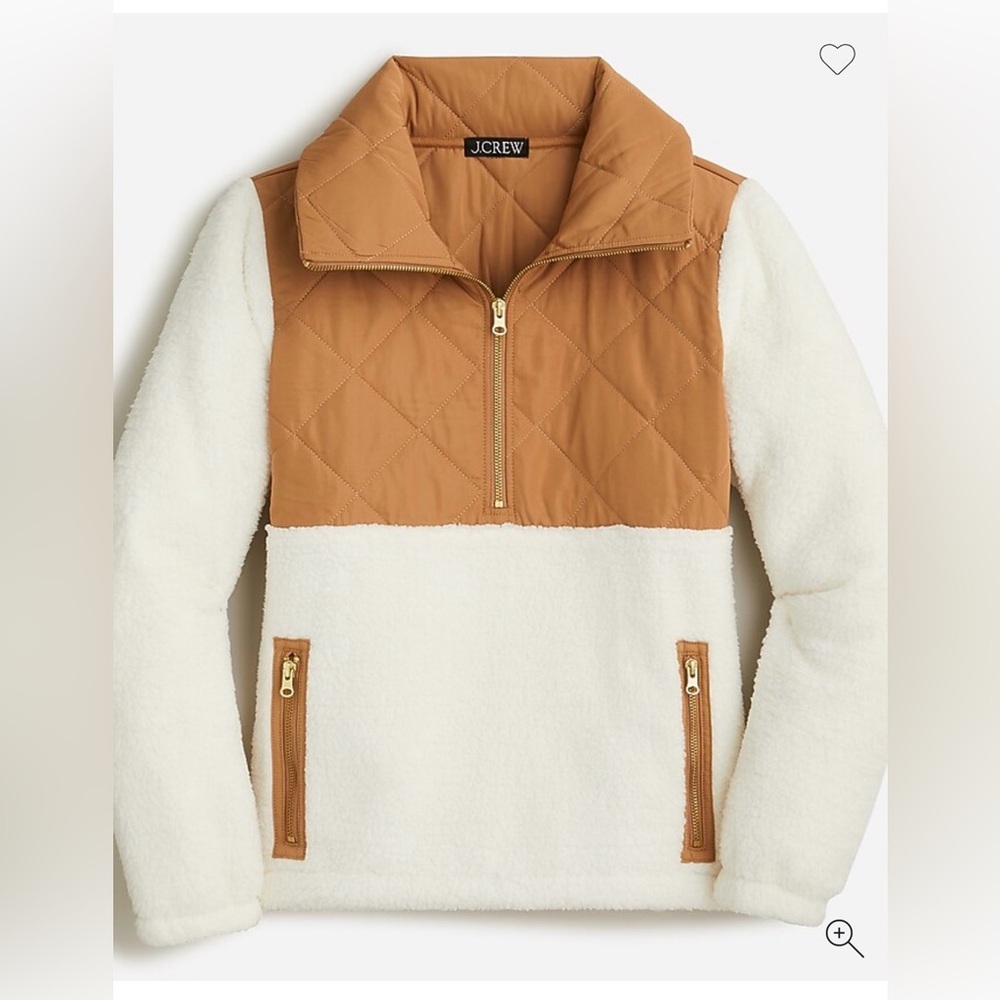 NWT J Crew Quilted sherpa fleece half-zip pullover Size Small Ivory/Camel